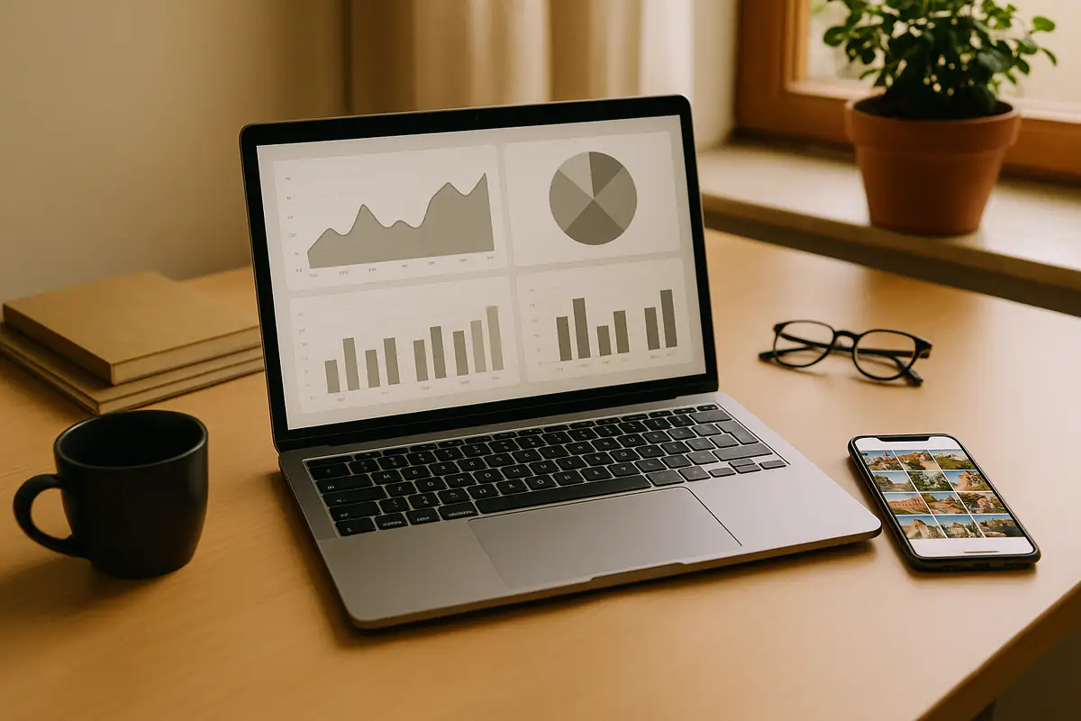 Instagram analitika u Googleu Prikaz analitike za Instagram Google Search Console na laptopu uz mobitel s objavama malog poslovanja
